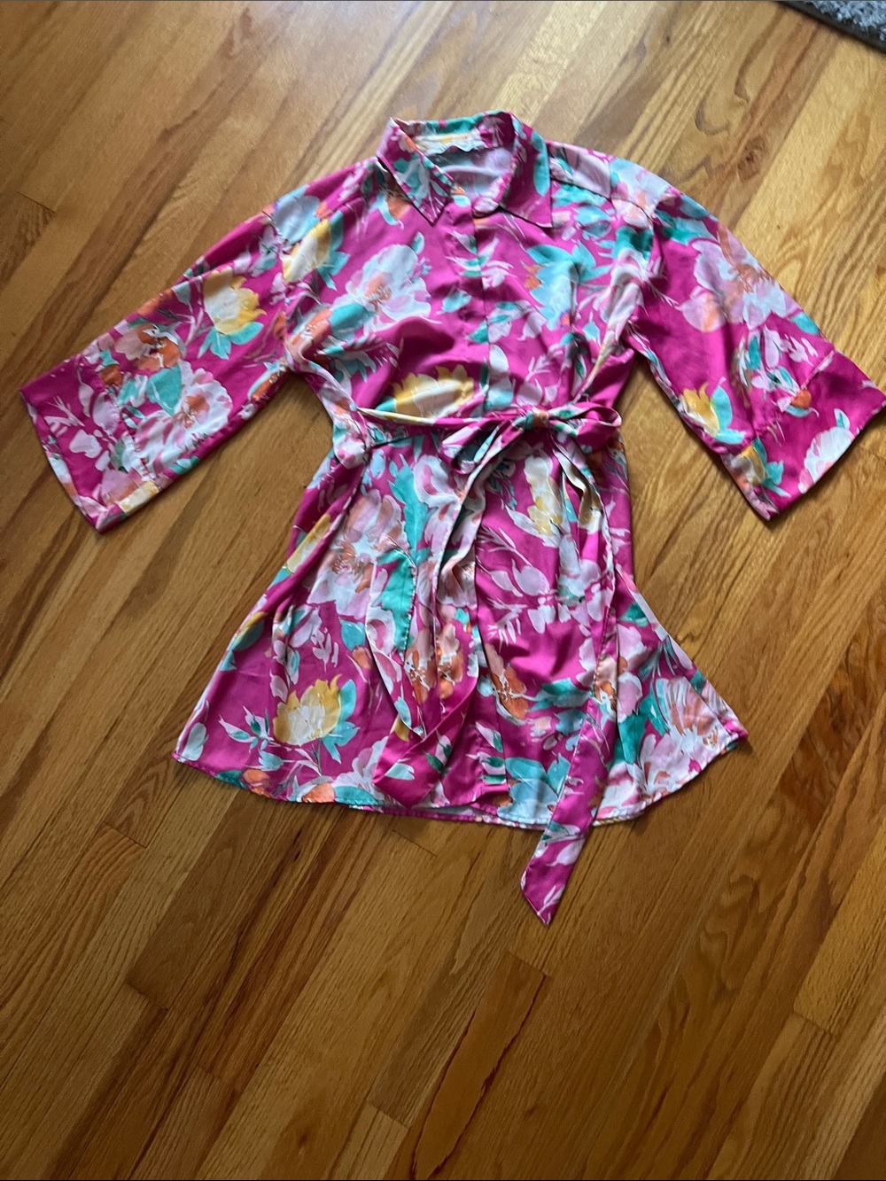 Zara Pink and Teal Floral Satin Kimono